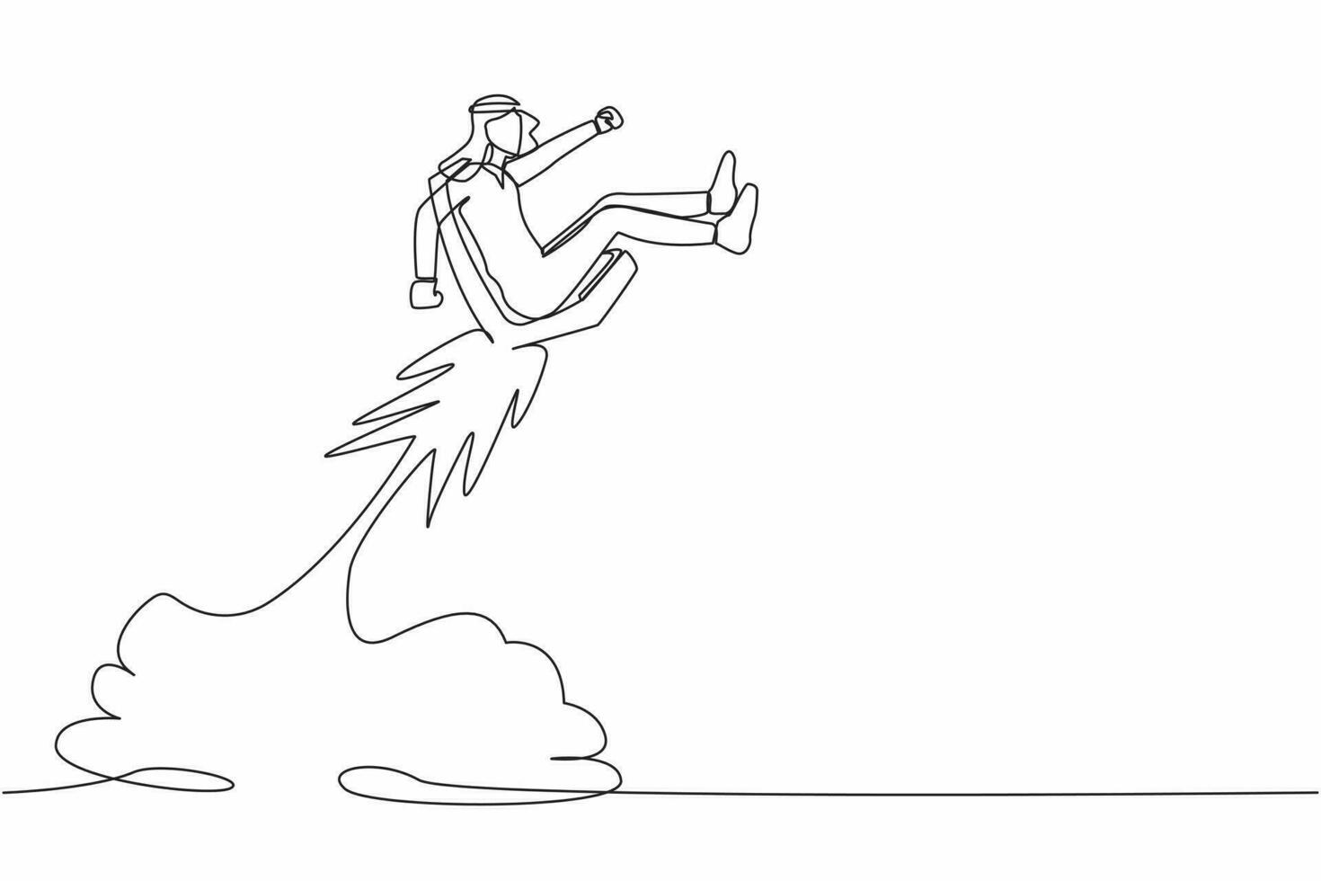 Single continuous line drawing active Arab businessman riding office chair rocket flying in the sky. Boost career development, job promoted to higher position. One line draw design vector illustration