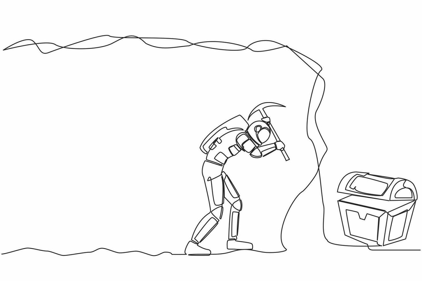Continuous one line drawing young astronaut digging with pickaxe in moon cave. Looking for treasure chest in underground tunnel. Cosmonaut outer space. Single line graphic design vector illustration