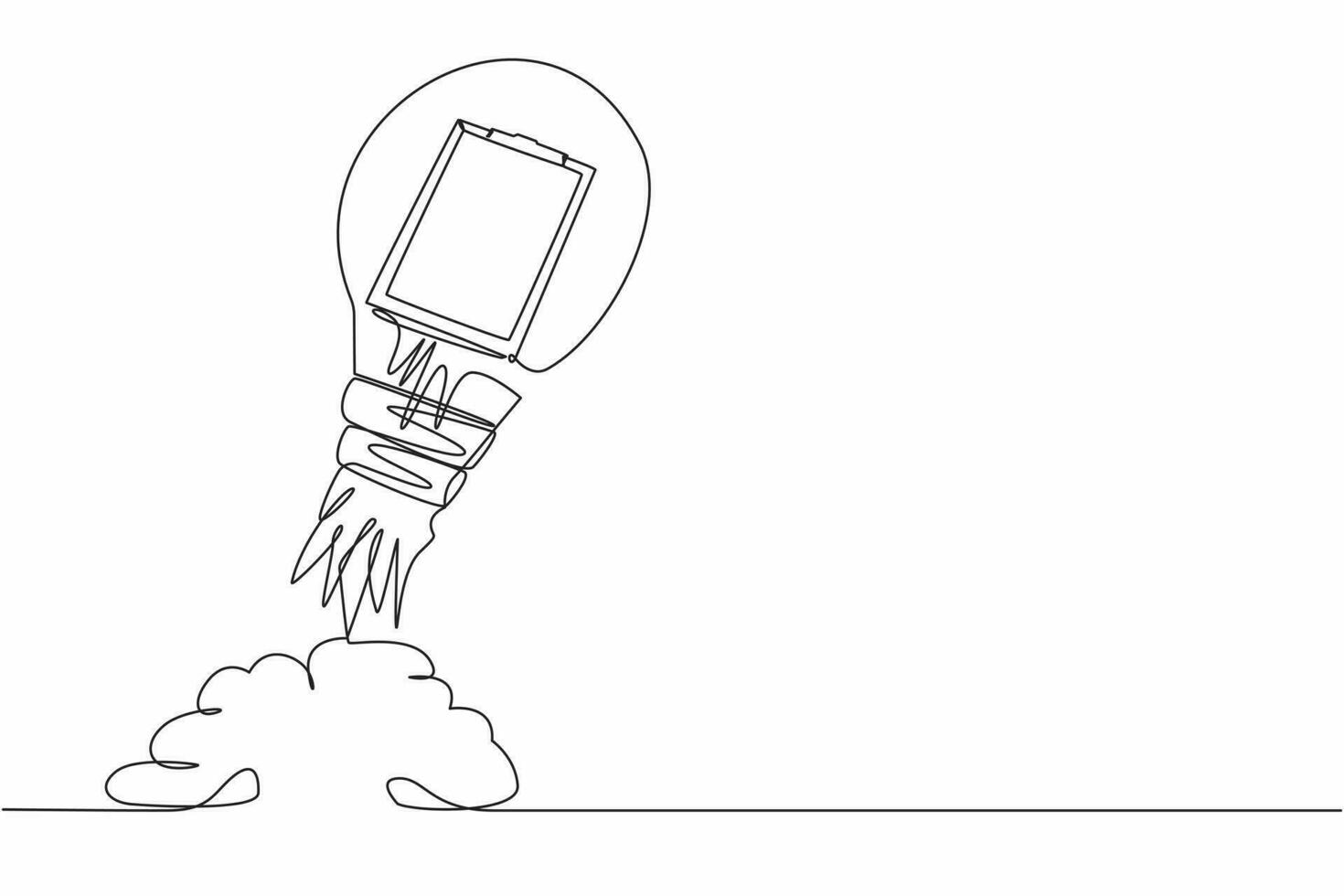 Continuous one line drawing of clipboard launching with light bulb. Checklist with results of social surveys. Creation of new project, startup strategy. Single line design vector graphic illustration