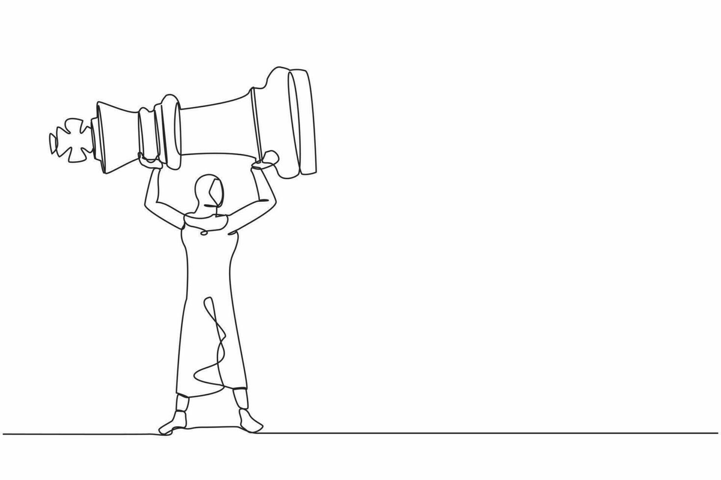 Single one line drawing Arab businesswoman holding or lifting king chess piece. Successful entrepreneurship tactic, strategy, superiority in business. Continuous line draw design vector illustration