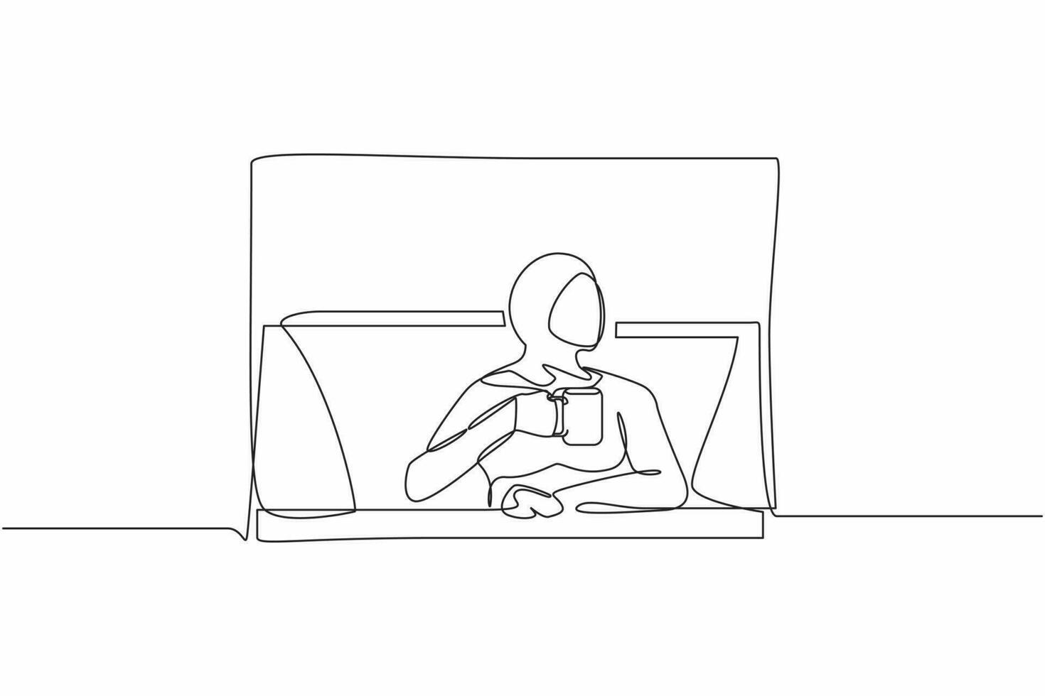 Continuous one line drawing young Arab woman enjoy hot coffee or tea. Female holding mug and looking outside through window while sitting on windowsill. Single line design vector graphic illustration
