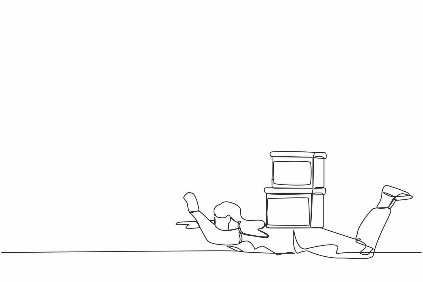 Single one line drawing unhappy businesswoman under heavy stack boxes burden. Stress at work. Bureaucracy, paperwork, big data concept. Modern continuous line draw design graphic vector illustration