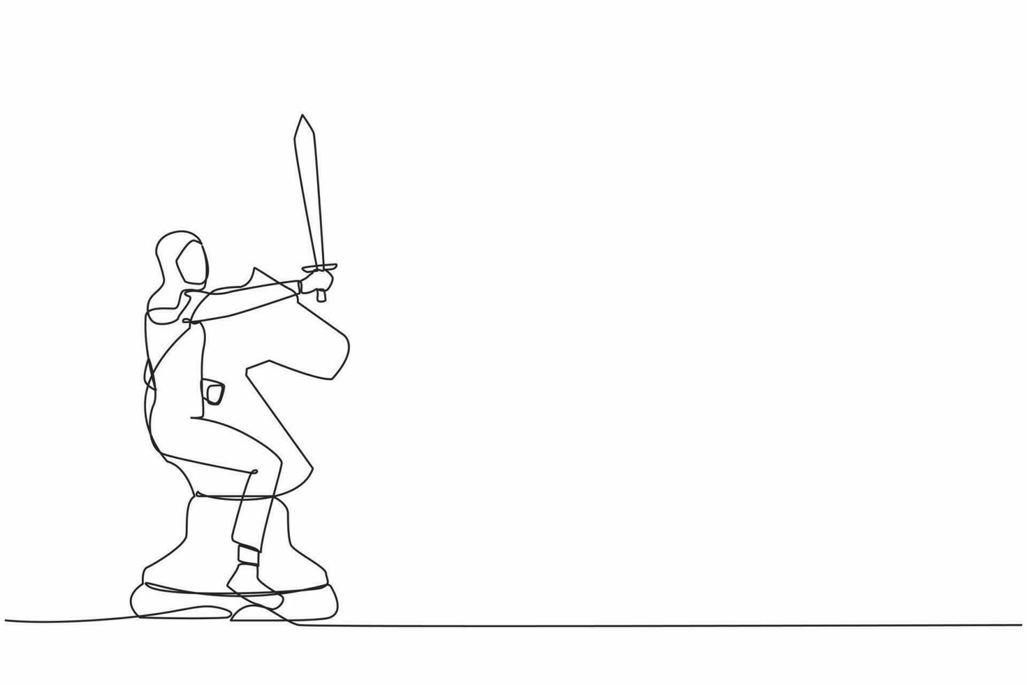 Continuous one line drawing brave Arab businesswoman riding big horse chess piece with sword. Business challenge for winning competition, achievement goal. Single line draw design vector illustration