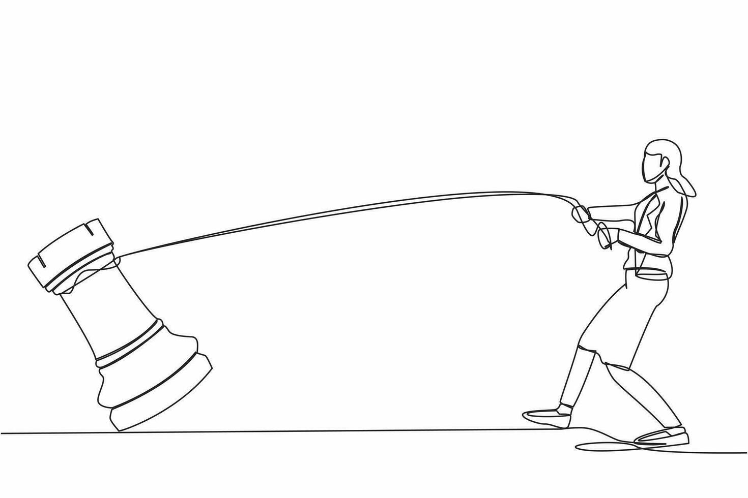 Single one line drawing young businesswoman pulling big rook chess with rope. Business achievement goal, idea, strategy, competitive, strategic concept. Continuous line draw design vector illustration
