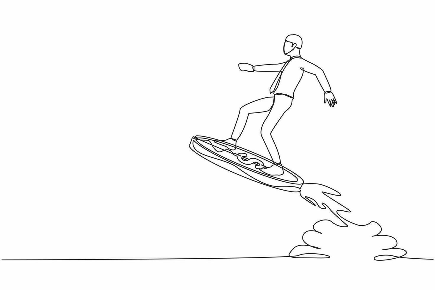 Single continuous line drawing businessman riding dollar coin rocket flying in the sky. Financial boost concept, business opportunity to success with competitors. One line design vector illustration