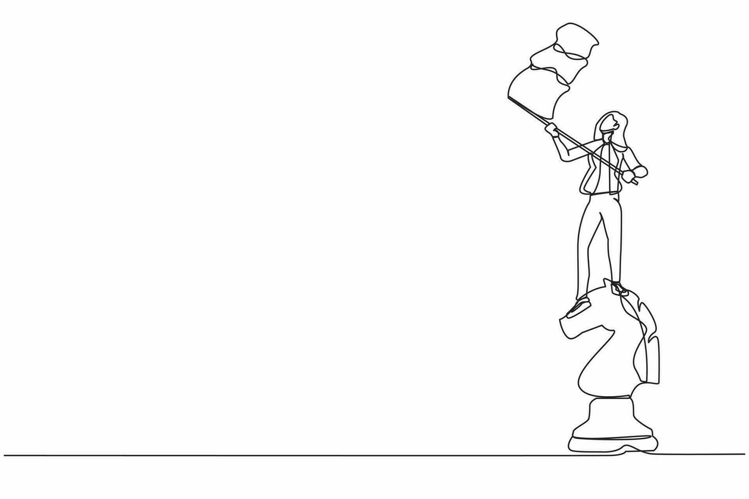 Single one line drawing businesswoman standing on top of big horse chess piece and waving a flag. Defeat competitors in business as winning chess game. Continuous line draw design vector illustration