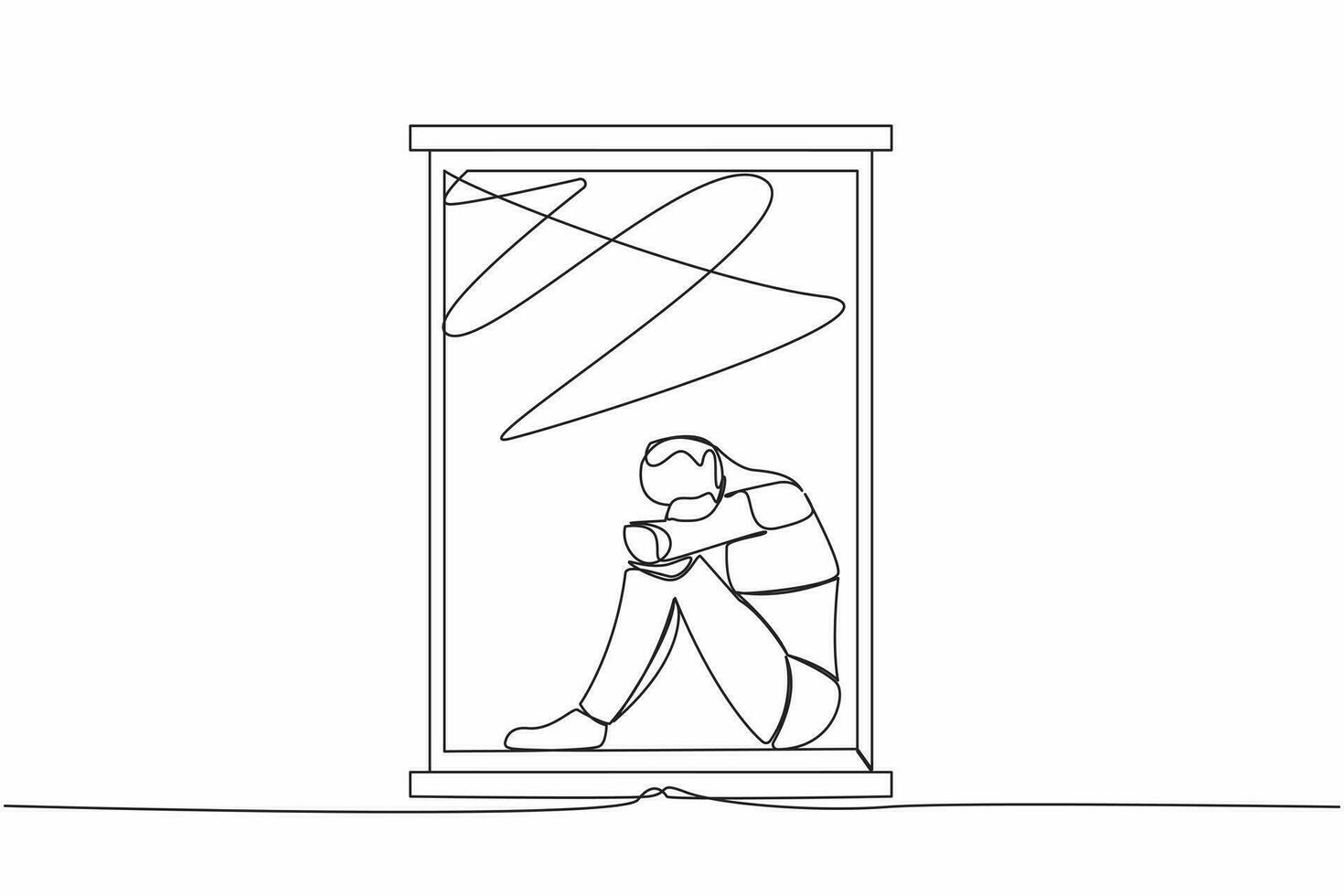 Single one line drawing of frustrated robot sitting on windowsill. Depression, stress, despair, tech problem. Modern robotic artificial intelligence. Continuous line design graphic vector illustration
