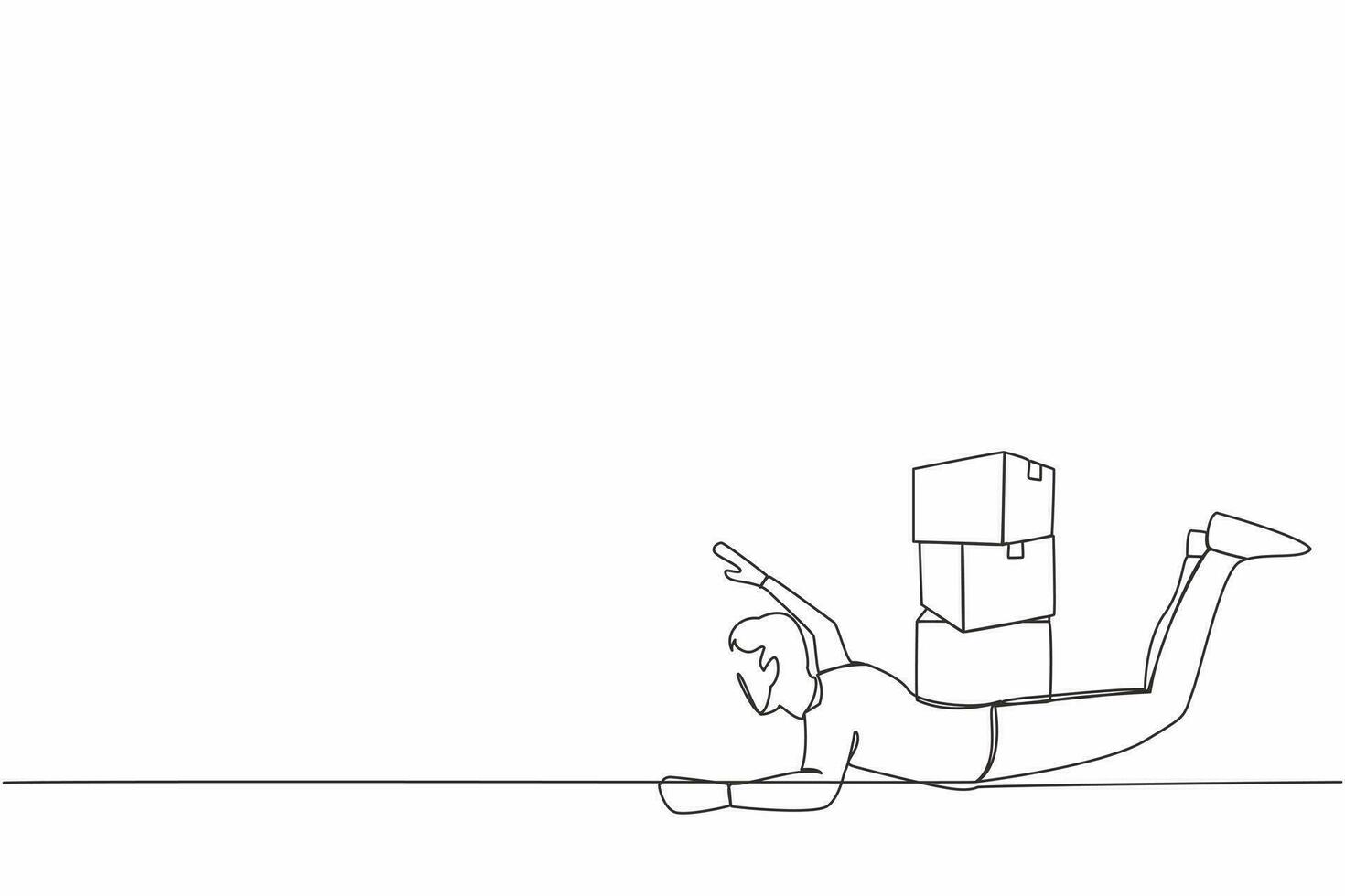 Single continuous line drawing depressed businessman under heavy pile of box burden. Overworked man with stacks of cardboard. Stress at work. Bureaucracy. One line graphic design vector illustration