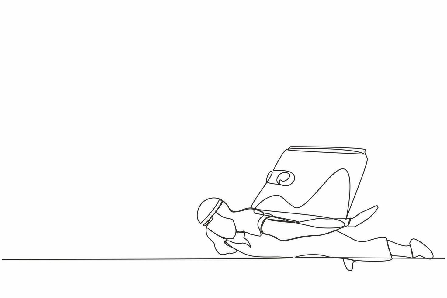 Single continuous line drawing Arab businessman under heavy wallet burden. Tired hard working office employee. Financial and economic crisis. Dynamic one line draw graphic design vector illustration