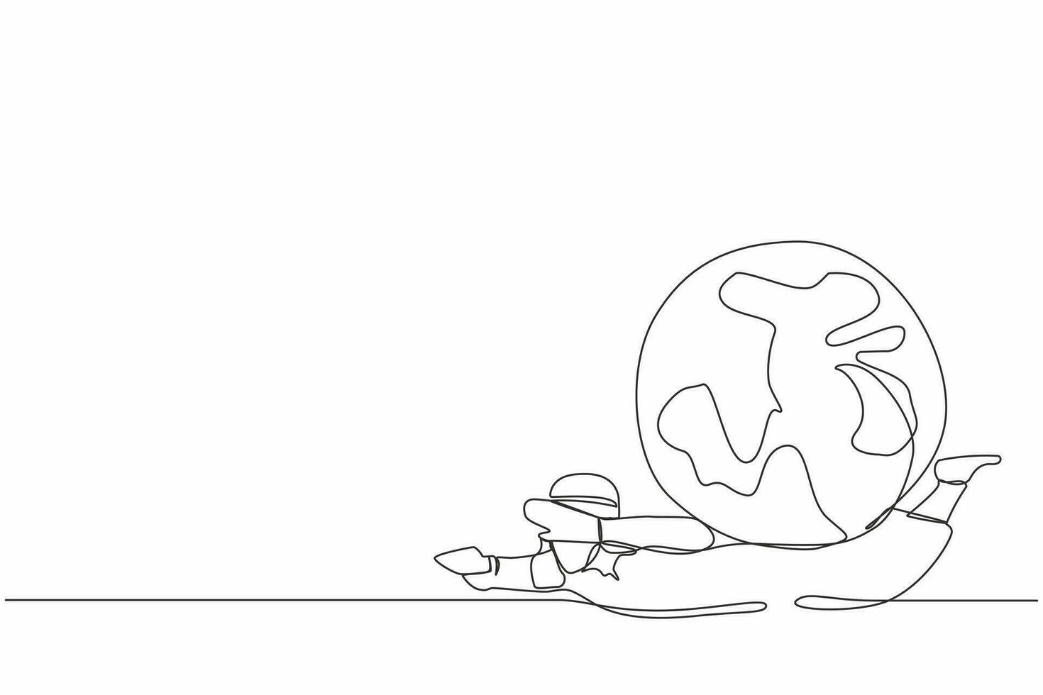 Single continuous line drawing Arab businessman under heavy globe burden. Natural resources, earth exploitation, industrial pollution. World economic crisis. One line draw design vector illustration