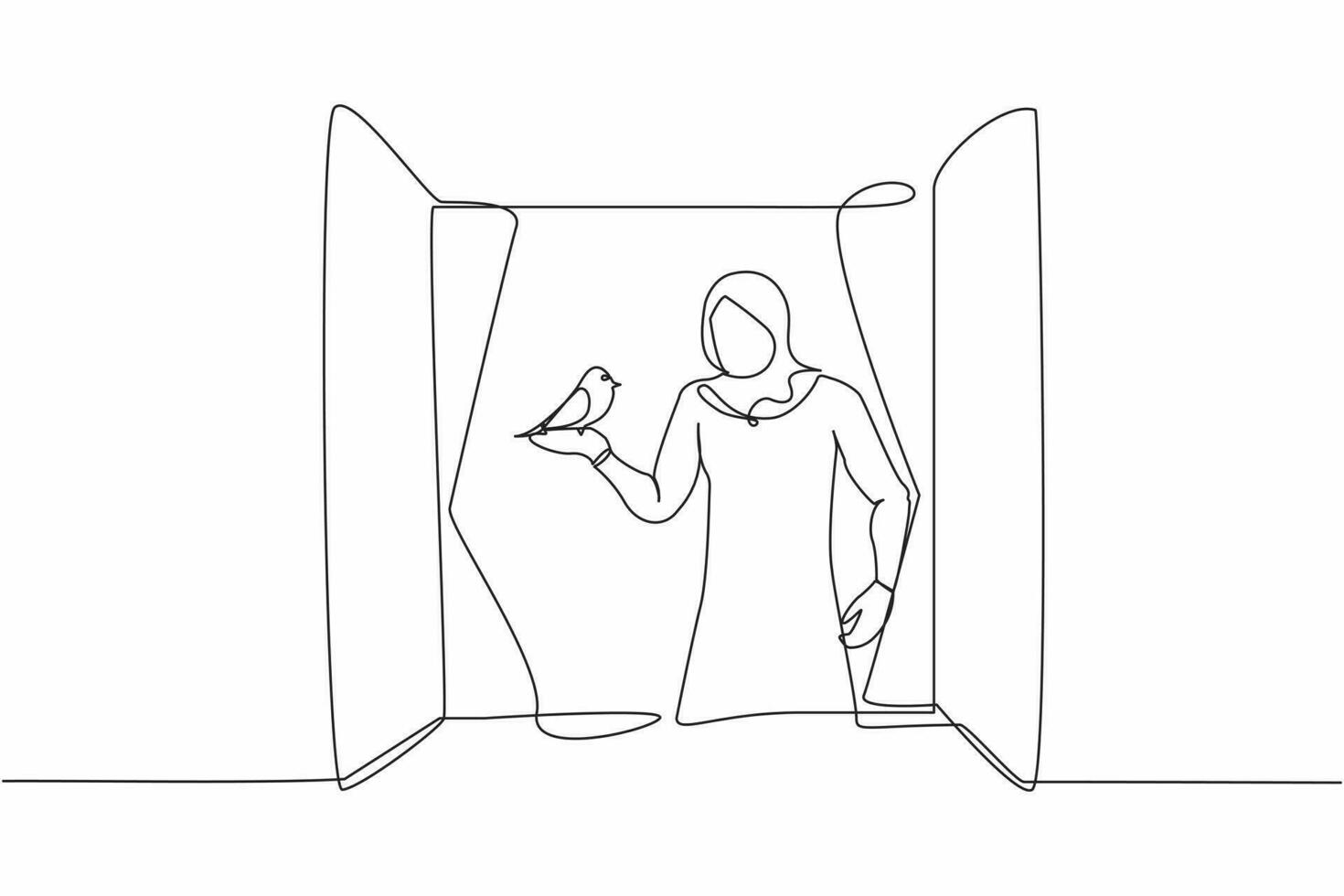 Single one line drawing young Arabian woman standing on windowsill with bird in arm. Happy female on balcony with her pet. Open window to get fresh air. Continuous line draw design vector illustration