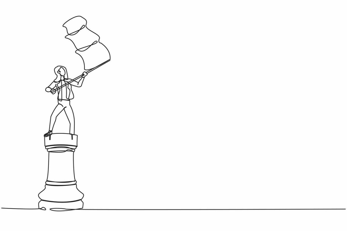 Single one line drawing businesswoman standing on top of big rook chess piece and waving a flag. Successful leadership. Celebration winning competition. Continuous line draw design vector illustration
