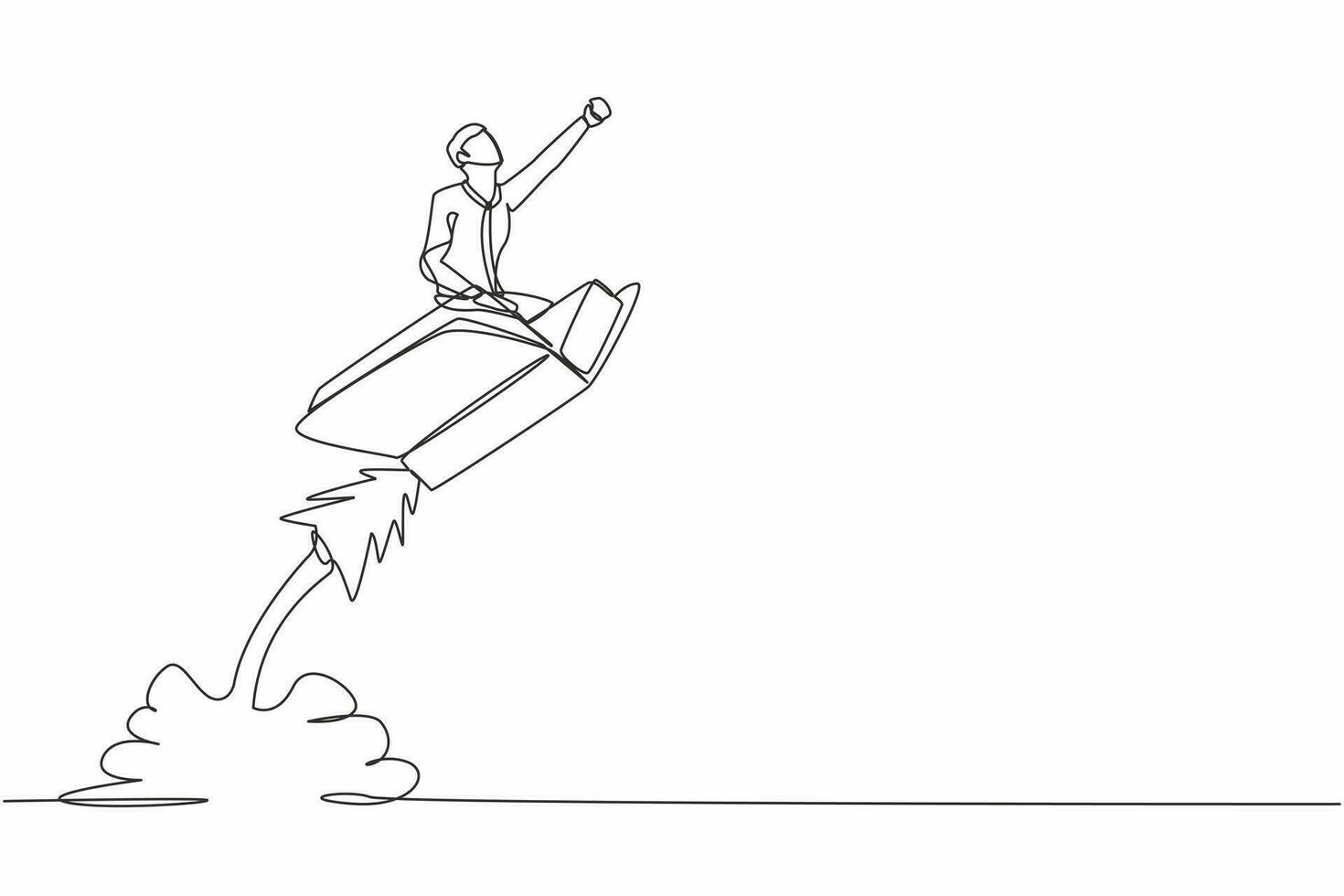 Single continuous line drawing businessman riding book rocket flying in the sky. Increase interest in reading smart students. Bookstore, education concept. One line graphic design vector illustration