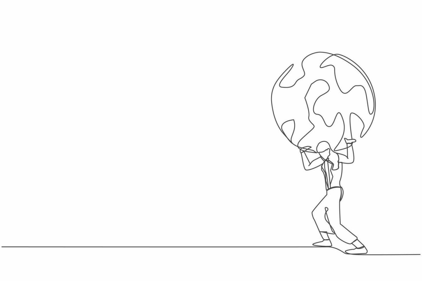 Single one line drawing of frustrated businesswoman carrying globe on her back. Industrial pollution, natural resources, earth exploitation. Economic crisis. Continuous line design vector illustration