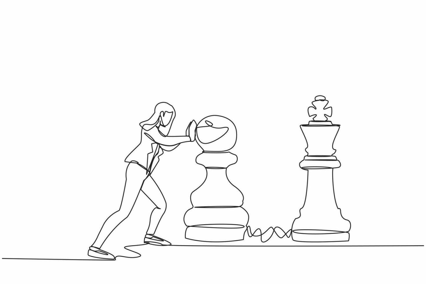 Continuous one line drawing competitive businesswoman push huge pawn chess piece to beat king. Strategic thinking, smart move in business play game. Single line draw design vector graphic illustration
