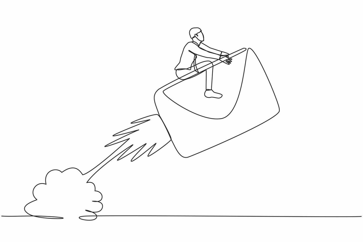 Continuous one line drawing businessman riding paper envelope rocket flying in the sky. Launch project. Social media, news, email, web development concept. Single line draw design vector illustration