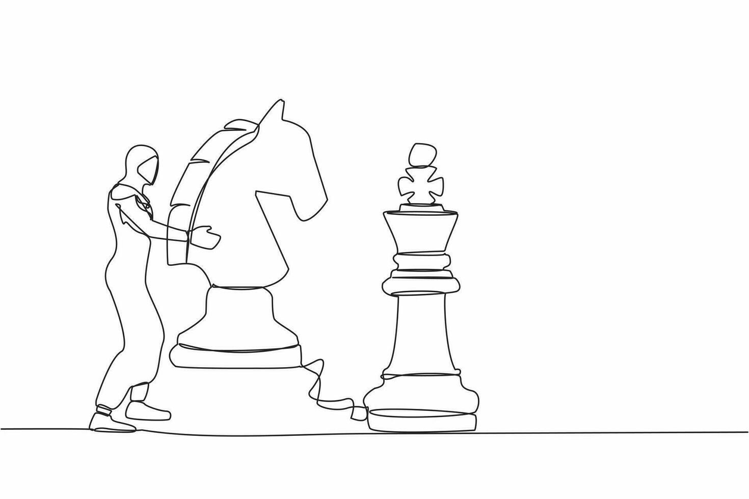 Single one line drawing Arab businesswoman holding horse chess piece to beat king chess. Business development strategy, winning competition, tactics in game. Continuous line design vector illustration