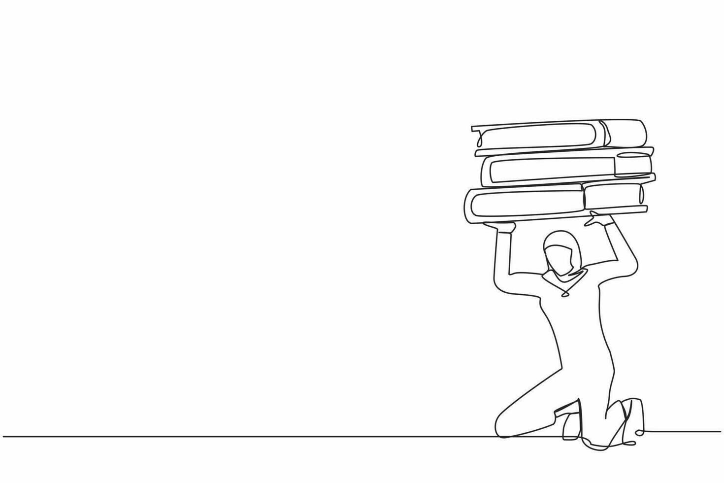 Single continuous line drawing Arabian businesswoman carrying heavy pile of paper folder on her back. Stressed employee with paperwork pressure. Overworked worker. One line design vector illustration