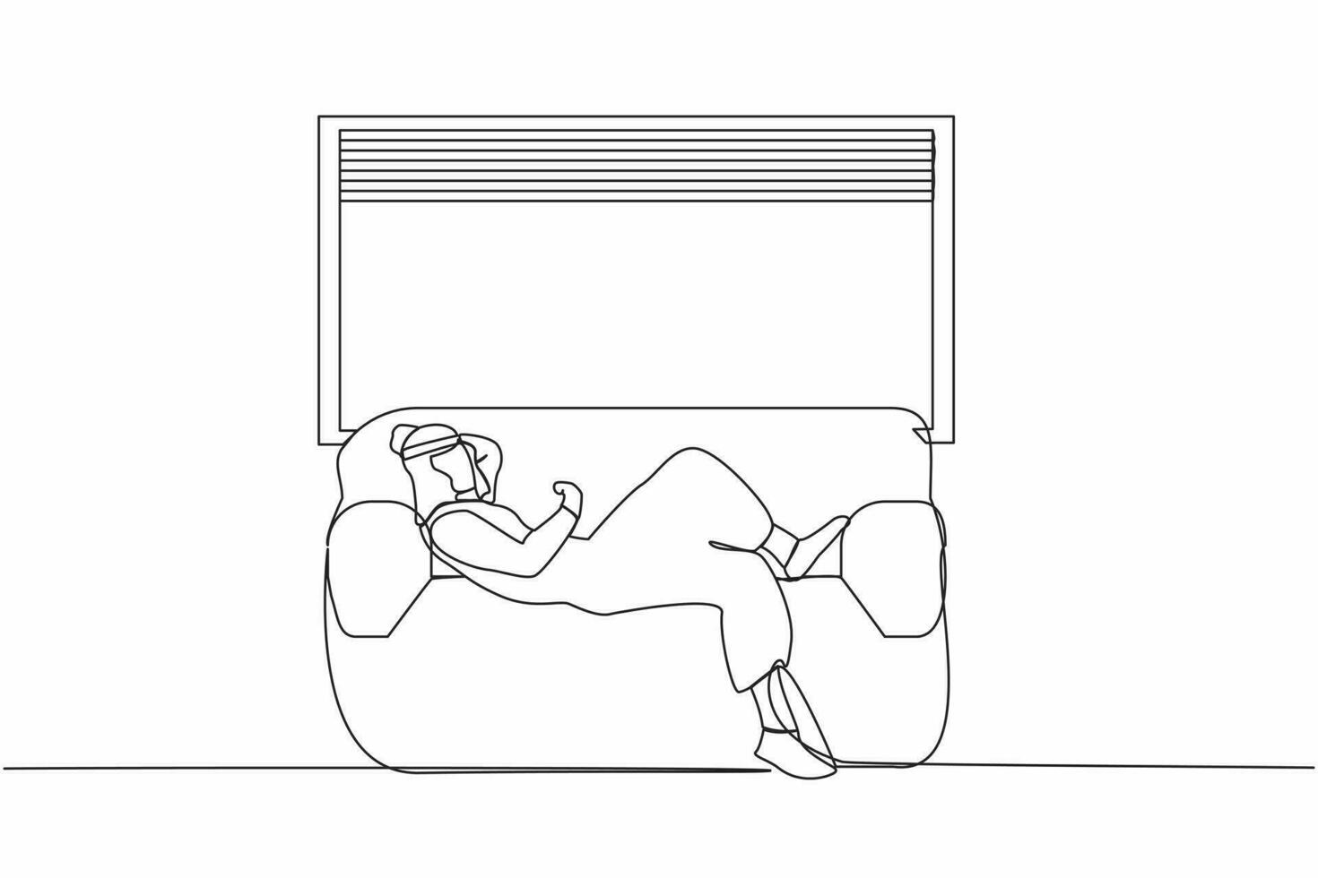 soltero uno línea dibujo joven árabe hombre acostado en sofá cerca antepecho a hogar. masculino descansando en sofá cerca ventana. gasto tiempo, relajante después trabajar. continuo línea gráfico diseño vector ilustración