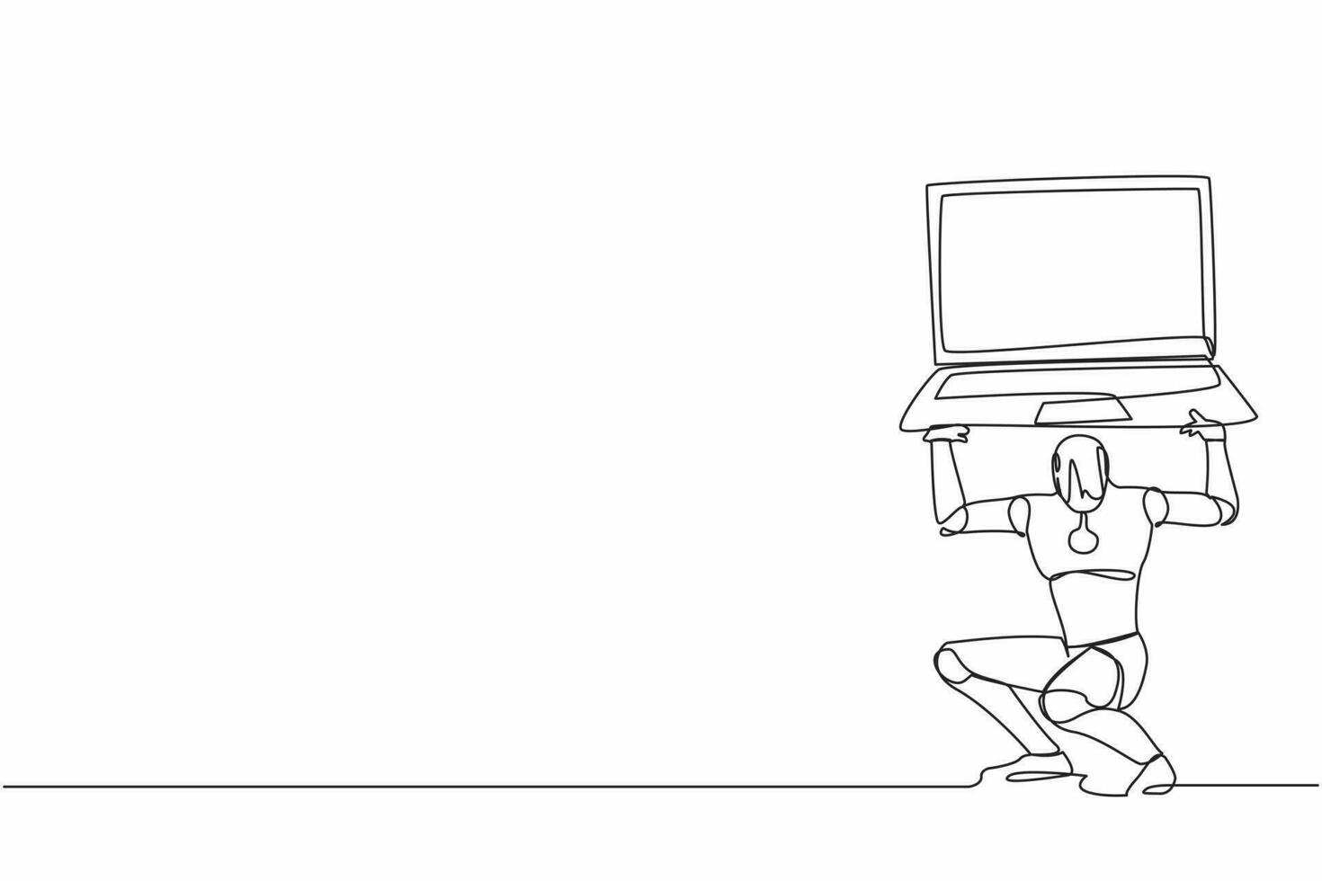 Single continuous line drawing of tired robot carrying heavy laptop computer on his back. Fatigue or burnout work at tech industry. Robotic artificial intelligence. One line design vector illustration