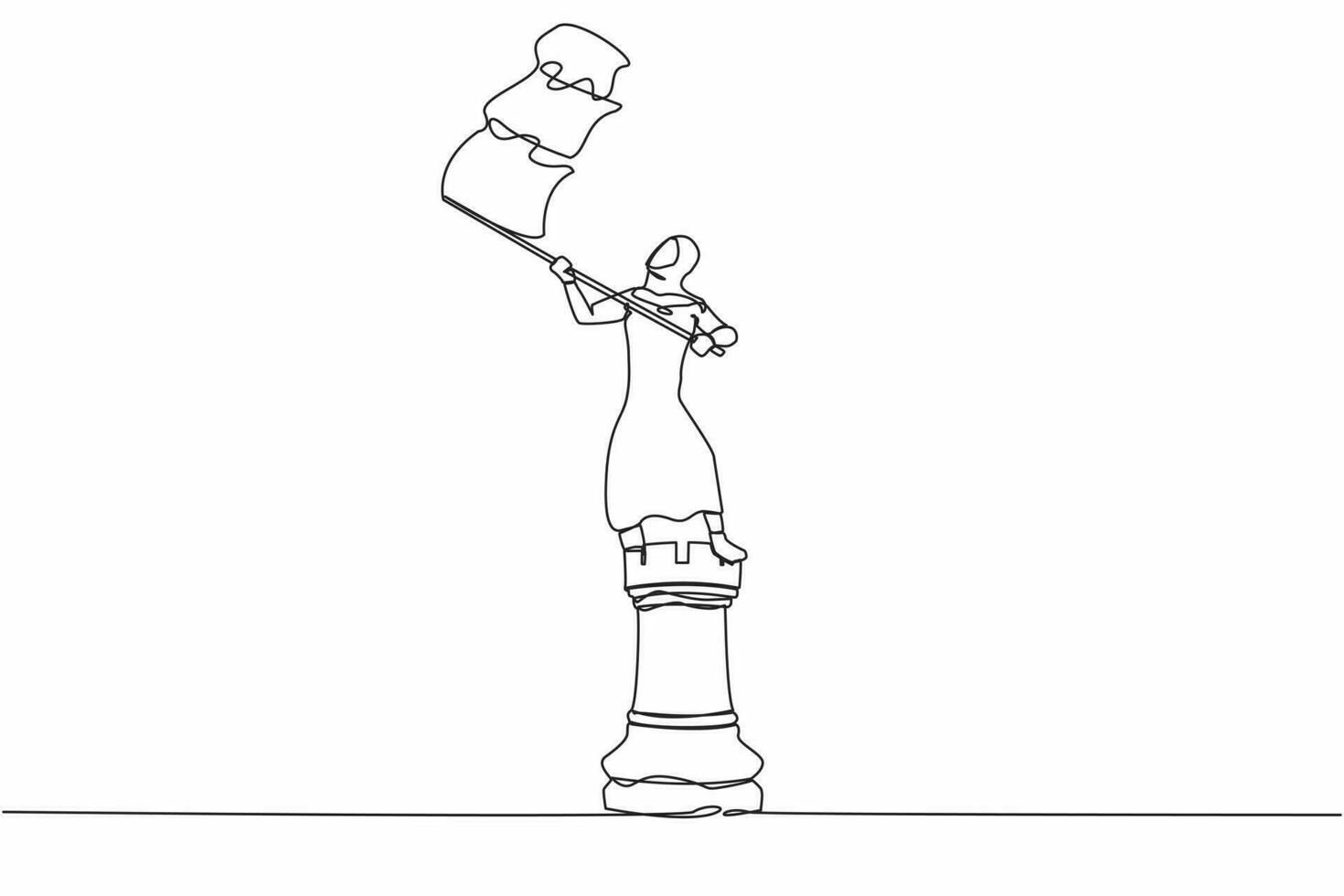 Continuous one line drawing happy Arab businesswoman standing on top of big rook chess piece and waving a flag. Successful leadership. Winning competition. Single line draw design vector illustration