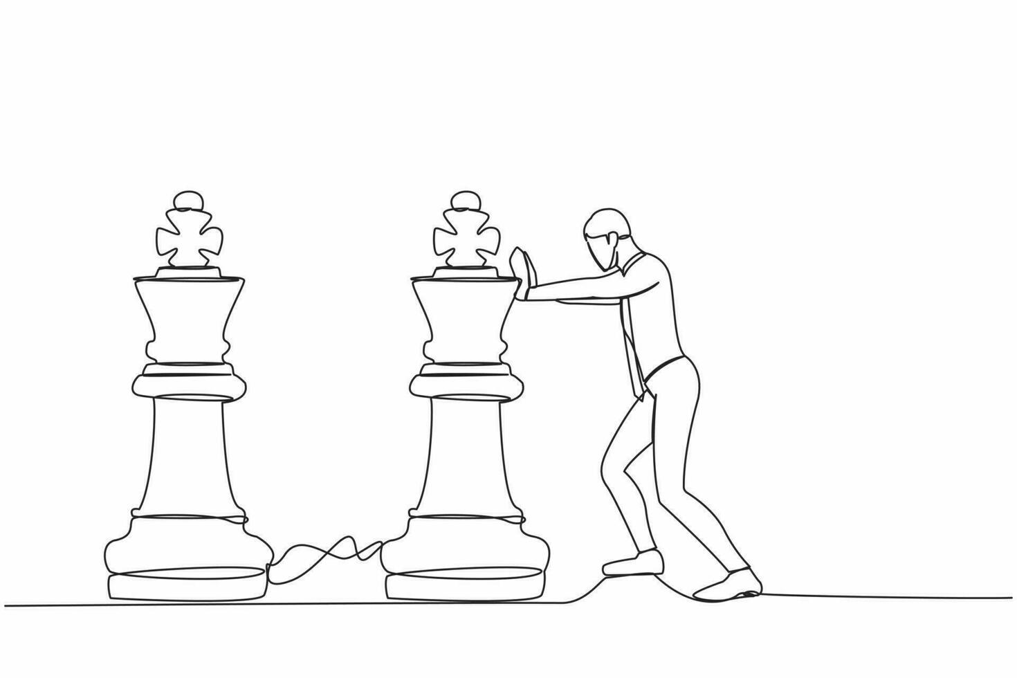 Single continuous line drawing competitive businessman push huge king chess piece to beat another king. Business strategy and marketing plan concept. One line draw graphic design vector illustration