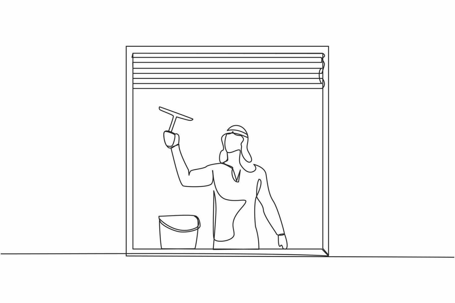 Continuous one line drawing Arab man cleaning windows with glass cleaner tools. Washing windows with bucket, detergent, wet rag. Housework. Domestic work. Single line draw design vector illustration