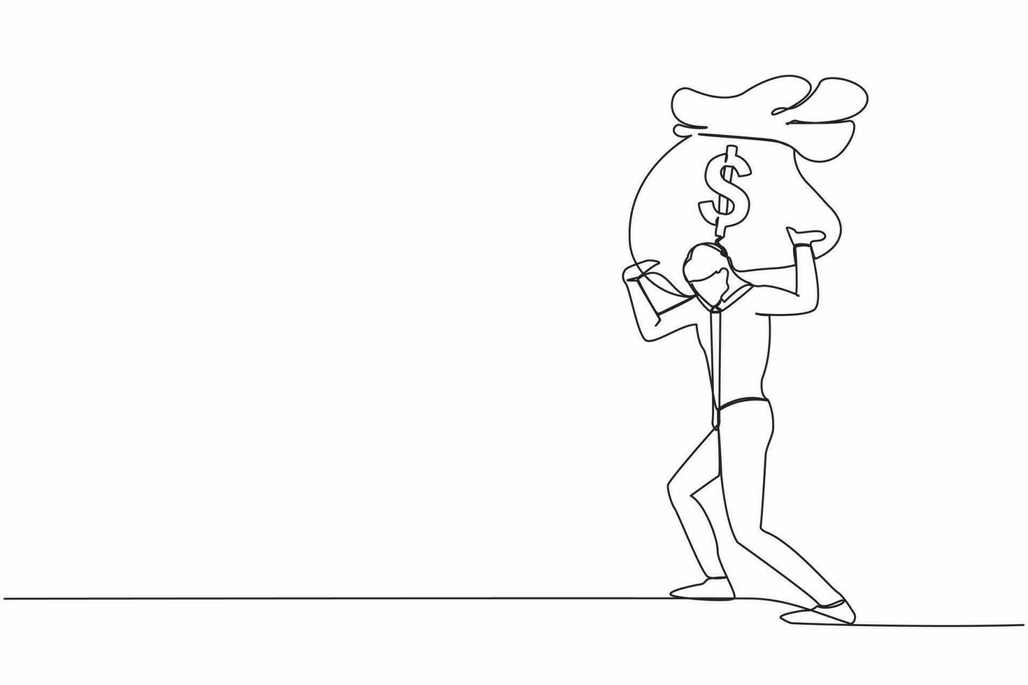 Single one line drawing exhausted businessman carrying heavy money bag on his back. Stressed worker difficult to making money. Financial crisis in pandemic. Continuous line design vector illustration