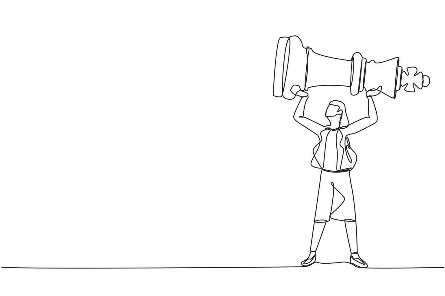 Single one line drawing young businesswoman holding or lifting king chess piece. Successful entrepreneurship tactic, strategy, superiority in business. Continuous line draw design vector illustration