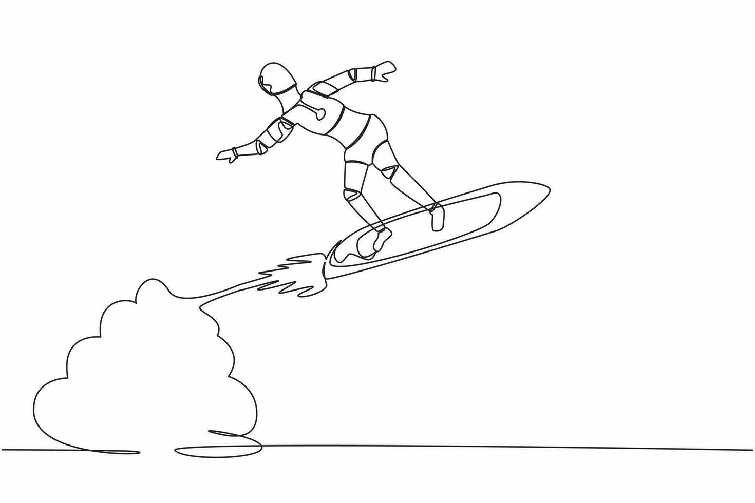 soltero continuo línea dibujo robot montando surf tablero cohete volador en el cielo. futuro tecnología desarrollo. artificial inteligencia máquina aprendiendo. uno línea gráfico diseño vector ilustración