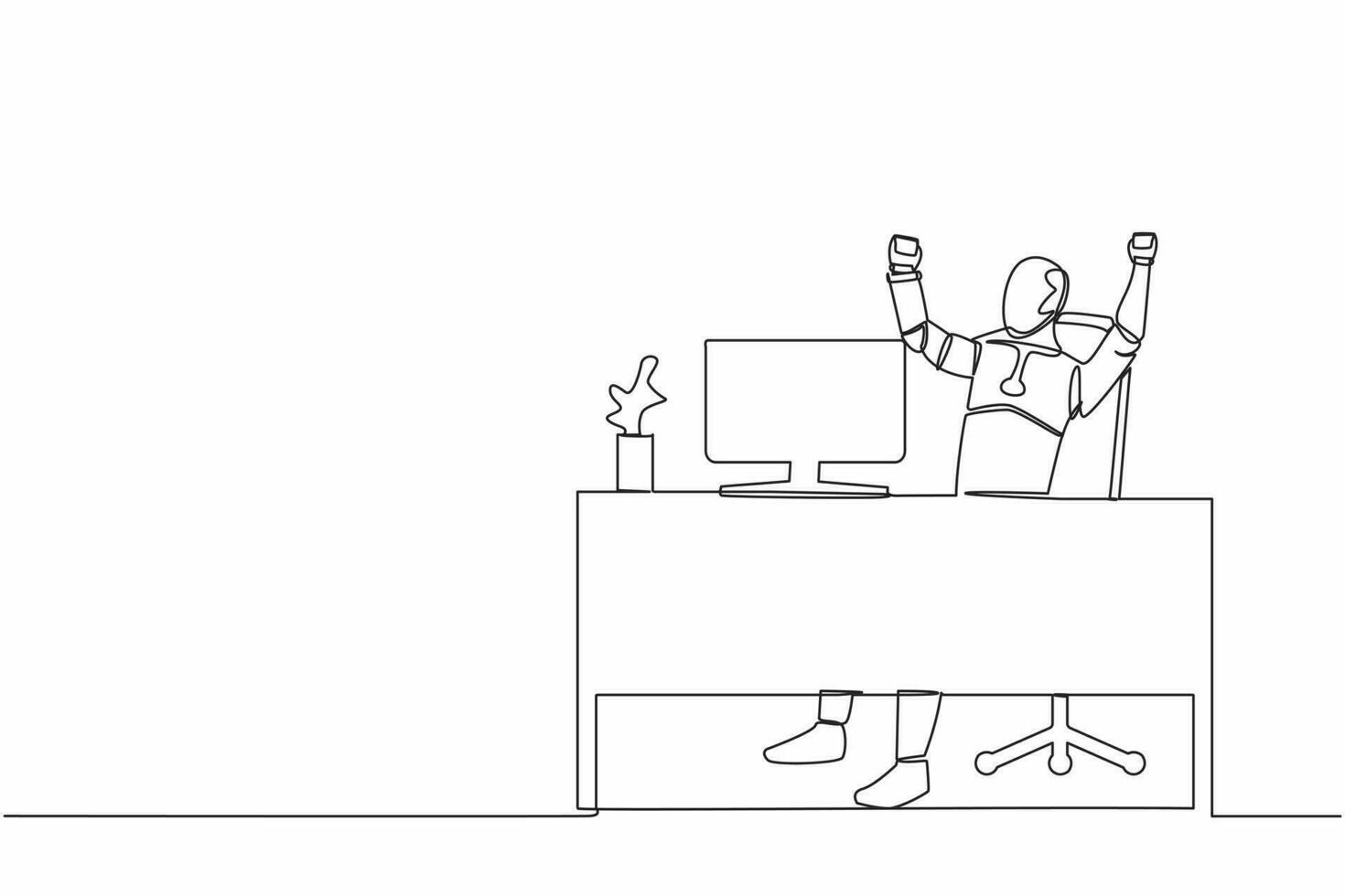 Single one line drawing happy robot sitting with raised hands near desk computer. Successful business. Artificial intelligence. Technology industry. Continuous line graphic design vector illustration