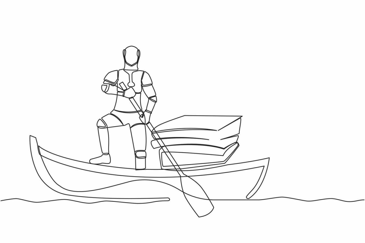 Single continuous line drawing robot sailing away on boat with stack of papers. Manage digital document in tech company. Future technology development. One line draw graphic design vector illustration