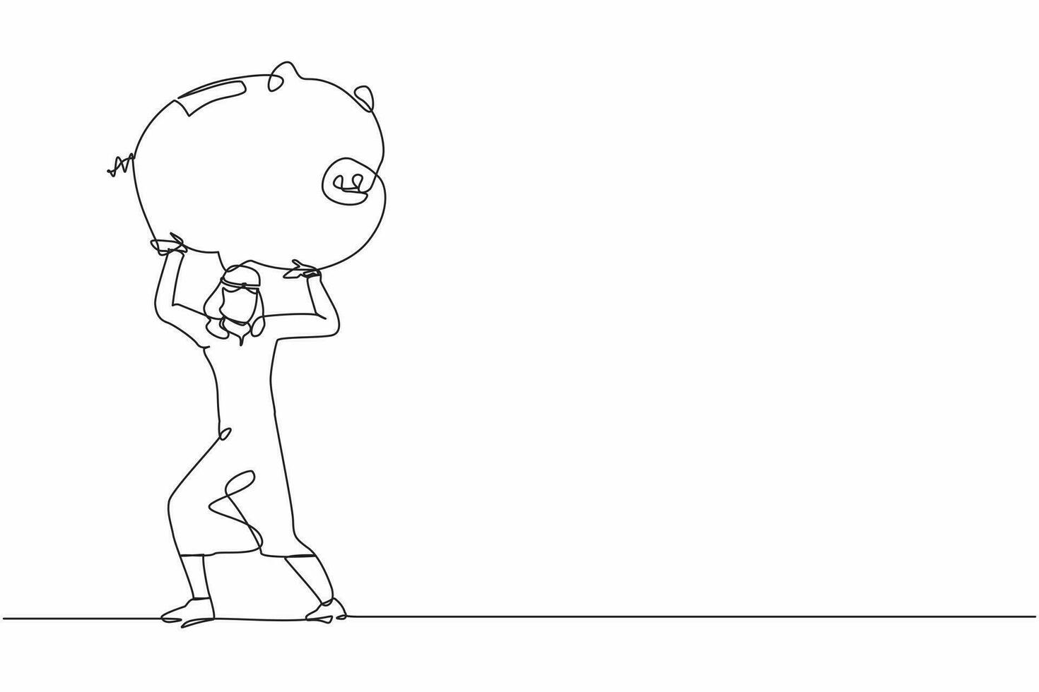 Single continuous line drawing Arab businessman carrying heavy piggy bank on his back. Male manager with financial problems. Losing money in economic crisis. One line draw design vector illustration