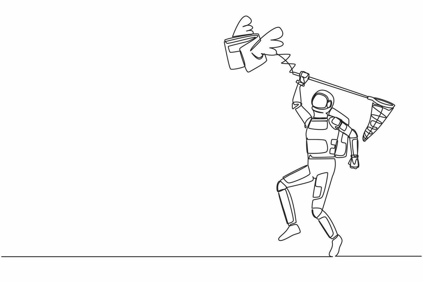 Single one line drawing young astronaut try to catching flying wallet with butterfly net. Losing money in failed spaceship company. Cosmic galaxy space. Continuous line draw design vector illustration