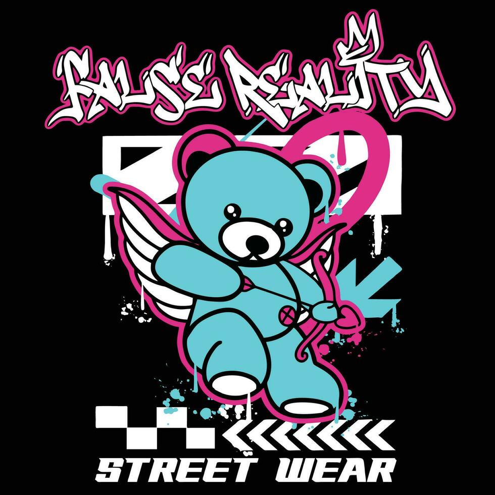 Graffiti angel bear street wear illustration with slogan false reality vector