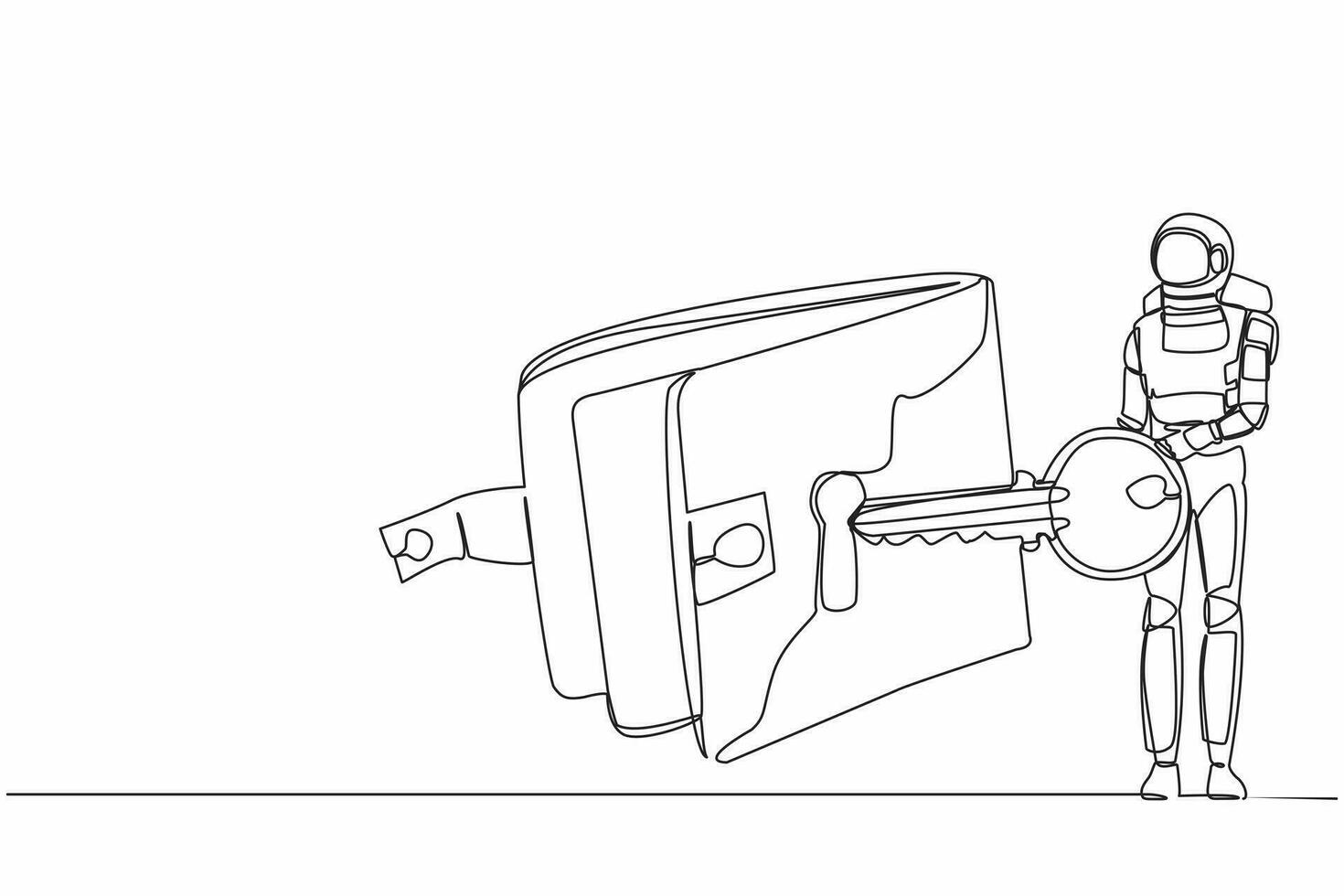 Continuous one line drawing of astronaut put key into wallet. Money protection and financial security for secure spaceship launching. Cosmonaut outer space. Single line draw design vector illustration