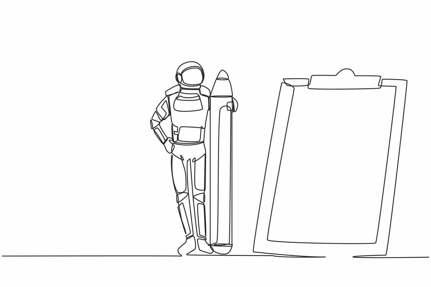 Single continuous line drawing of young astronaut holding big pencil and looking clipboard in moon surface. Expedition document. Cosmonaut deep space. One line draw graphic design vector illustration