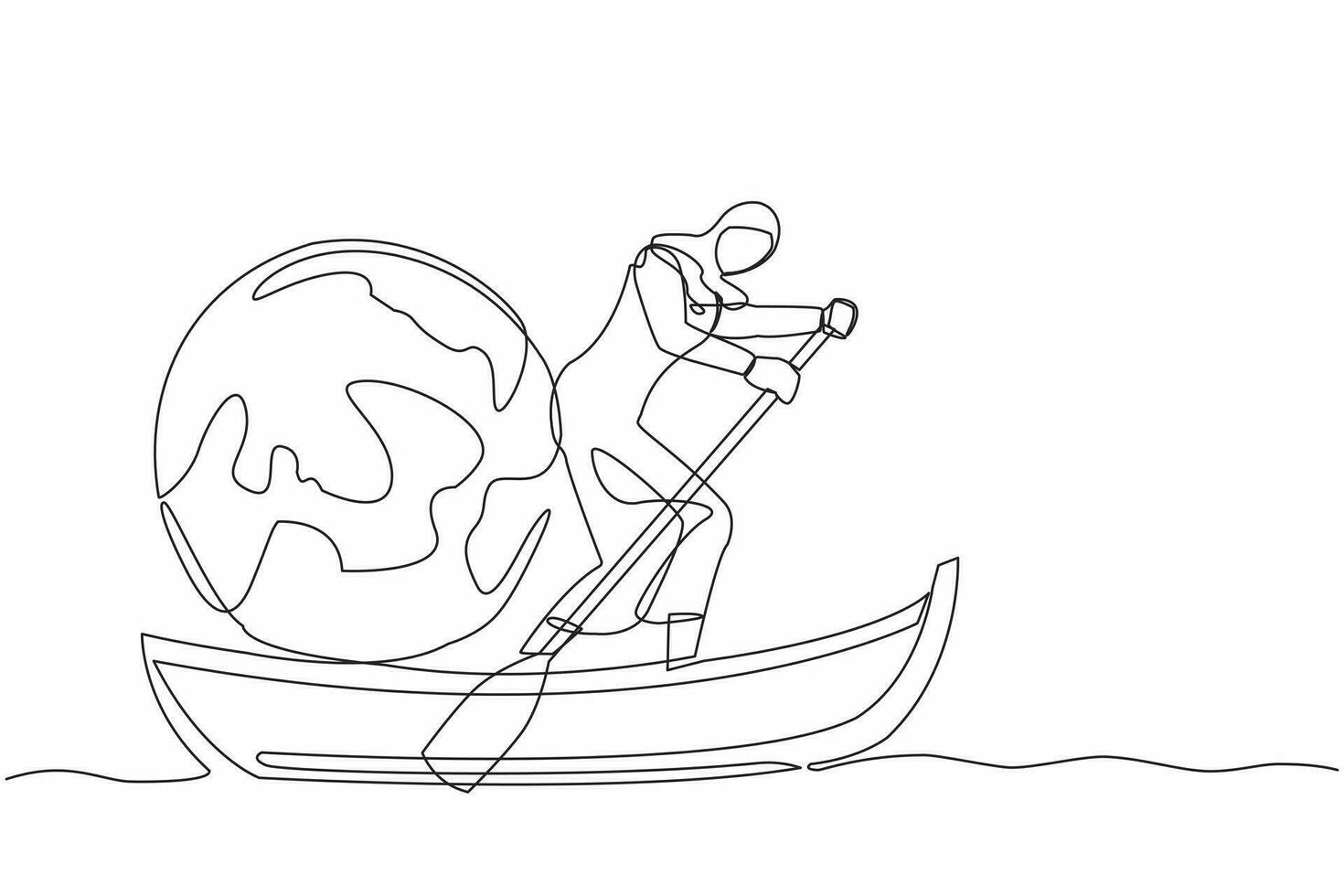 Single continuous line drawing Arab businesswoman standing in boat and sailing with globe. Taking trip around the world by ship. Tourism or travelling. One line draw graphic design vector illustration