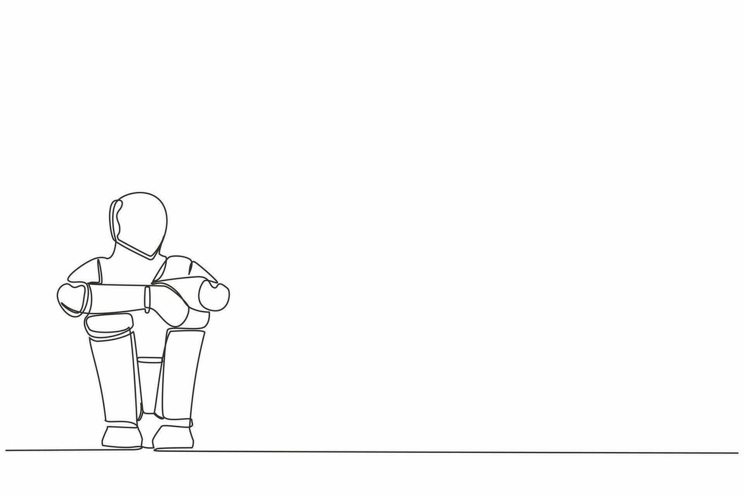 Continuous one line drawing sad robot suffer emotion melancholy sitting in despair on floor. Humanoid robot cybernetic organism. Future robotic development. Single line draw design vector illustration