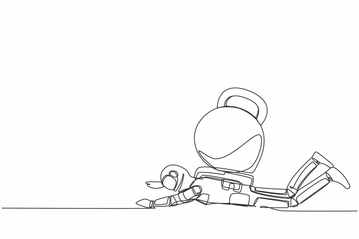 Single one line drawing young astronaut under heavy kettlebell burden. Financial crisis in space company. Technology development. Cosmic galaxy space. Continuous line draw design vector illustration