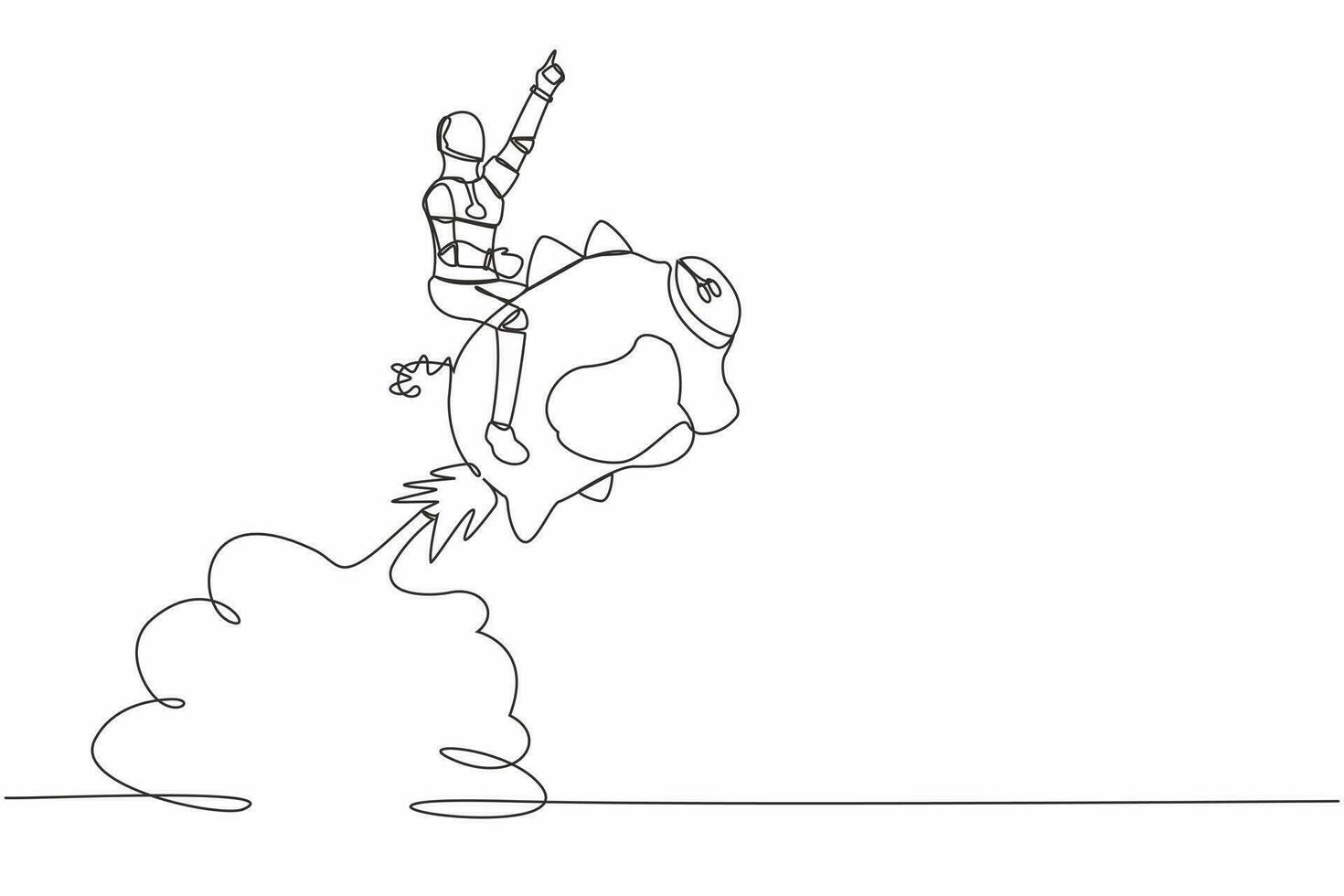 Single continuous line drawing robot riding piggy bank rocket flying in sky. Financial planning with tech. Future technology development. Artificial intelligence. One line design vector illustration