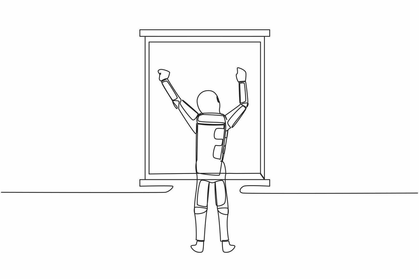 Single one line drawing back view relaxed young astronaut stretching arms in window. Good morning in moon surface. Cosmic galaxy space concept. Continuous line draw graphic design vector illustration