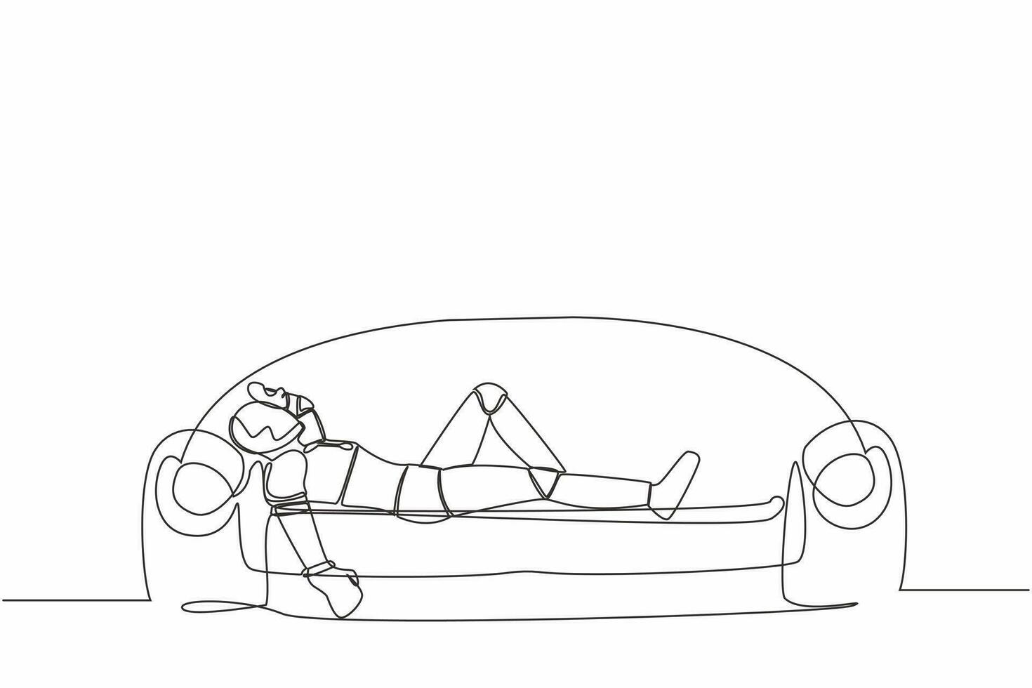 Continuous one line drawing of frustrated robot holding his head lying on sofa. Stressed and anxiety on failure. Humanoid robot cybernetic organism. Single line draw graphic design vector illustration