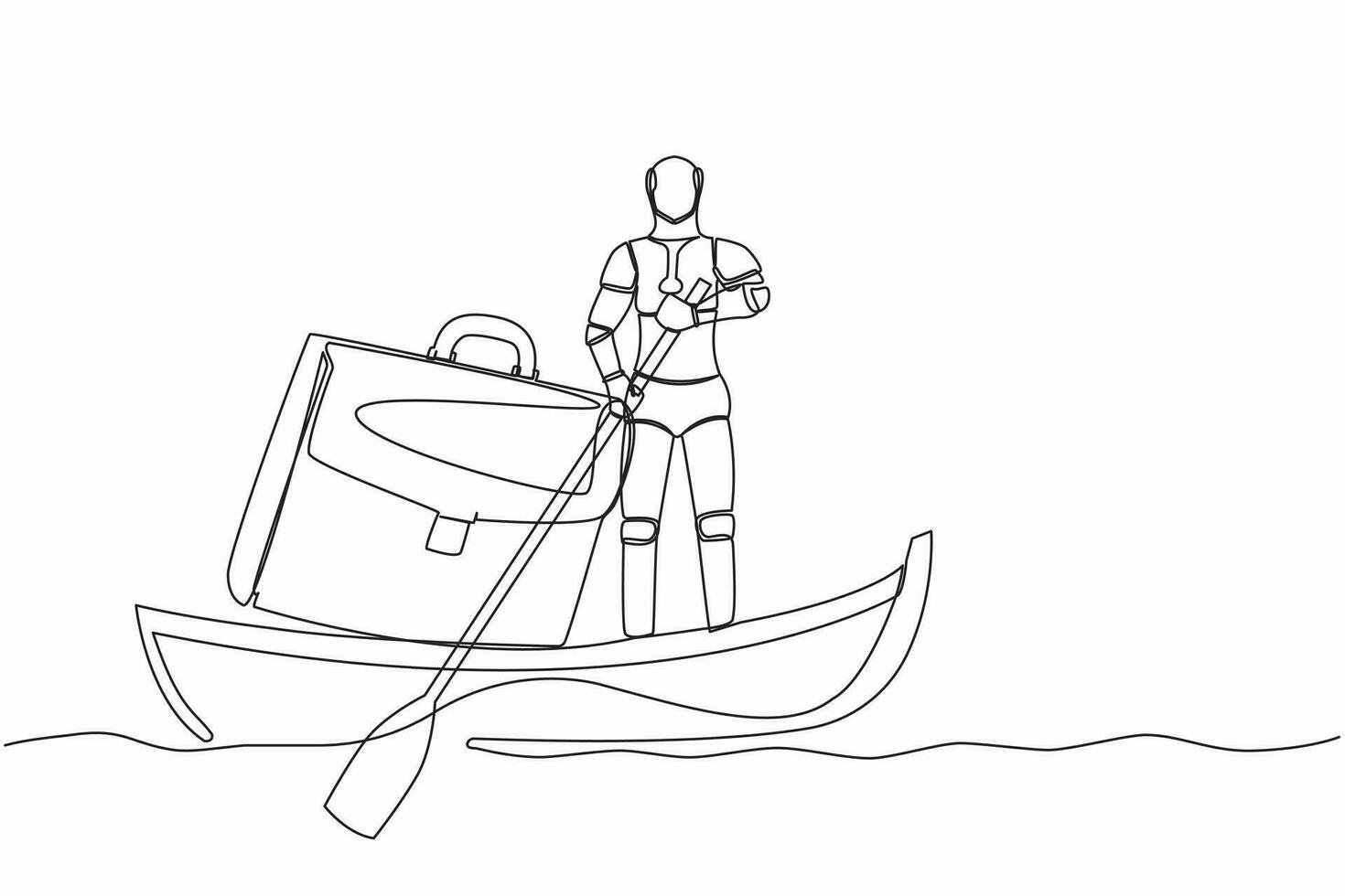 Single one line drawing of robot sailing away on boat with briefcase. Take break from busy factory operation. Modern robotic artificial intelligence. Continuous line design graphic vector illustration