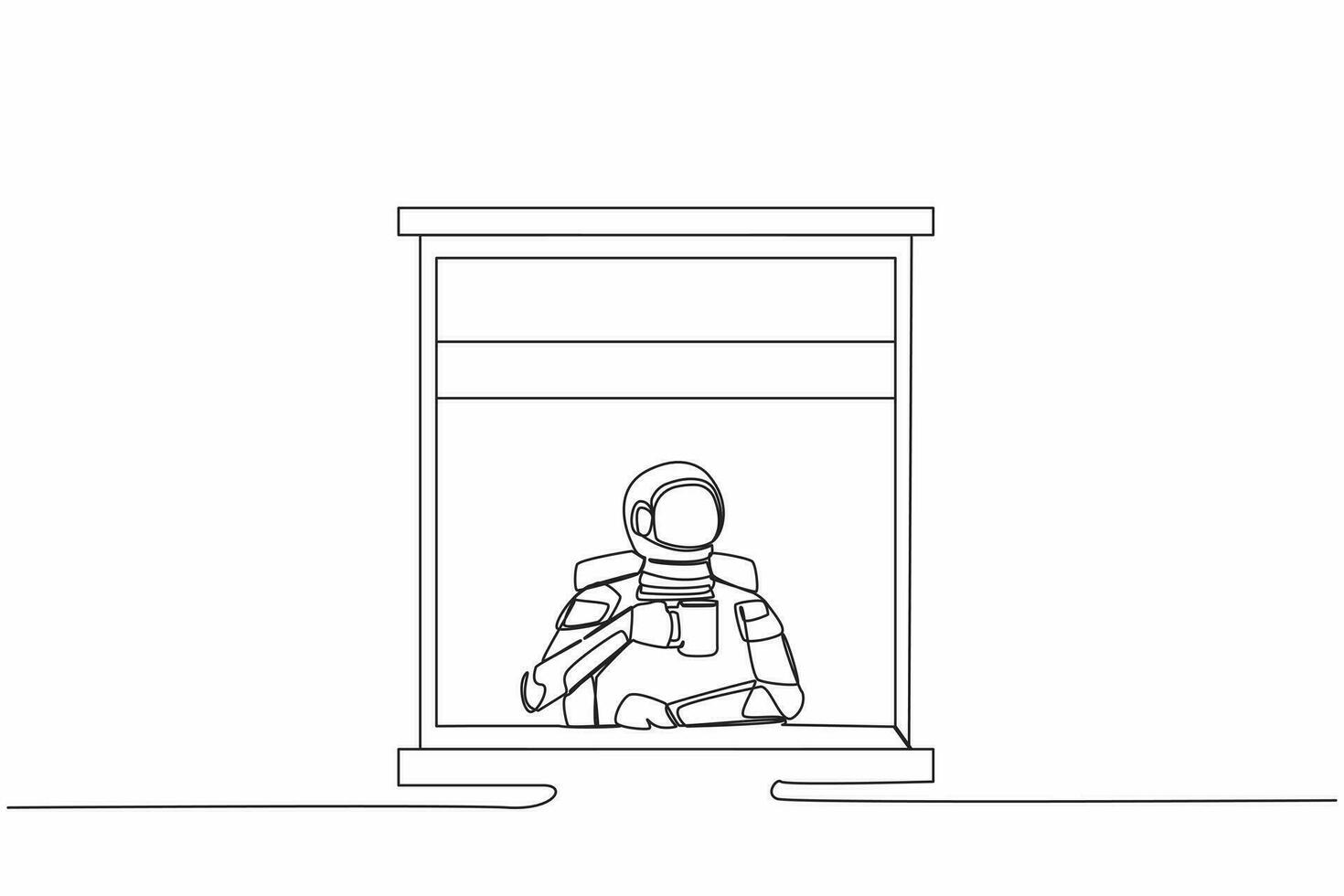 Single continuous line drawing young astronaut enjoy hot coffee or tea in window house, holding mug, looking through window in moon surface. Cosmonaut deep space. One line design vector illustration