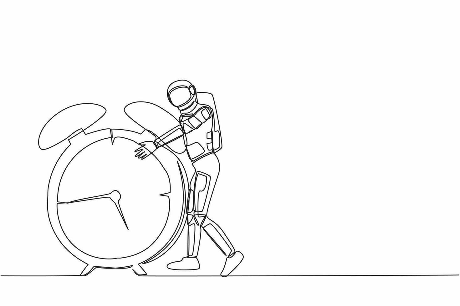 Single continuous line drawing young astronaut hugging huge alarm clock in moon surface. Deadline spaceship expedition project. Cosmonaut deep space. One line draw graphic design vector illustration