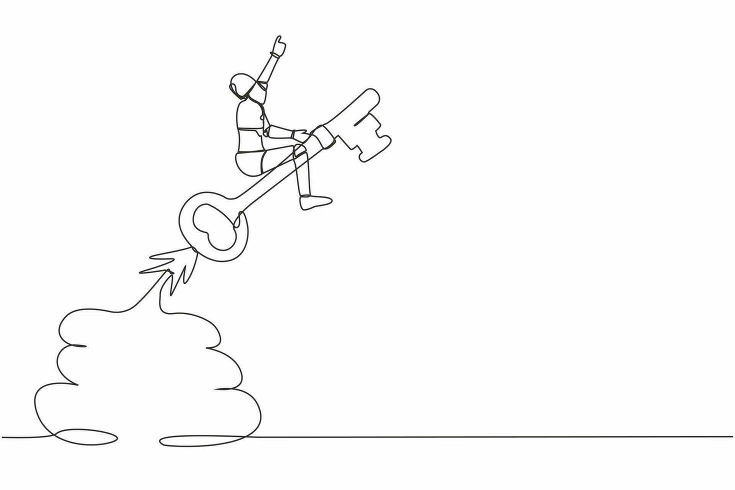 Continuous one line drawing robot riding key rocket flying in the sky. Discover key success. Humanoid robot cybernetic organism. Future robotic development. Single line draw design vector illustration