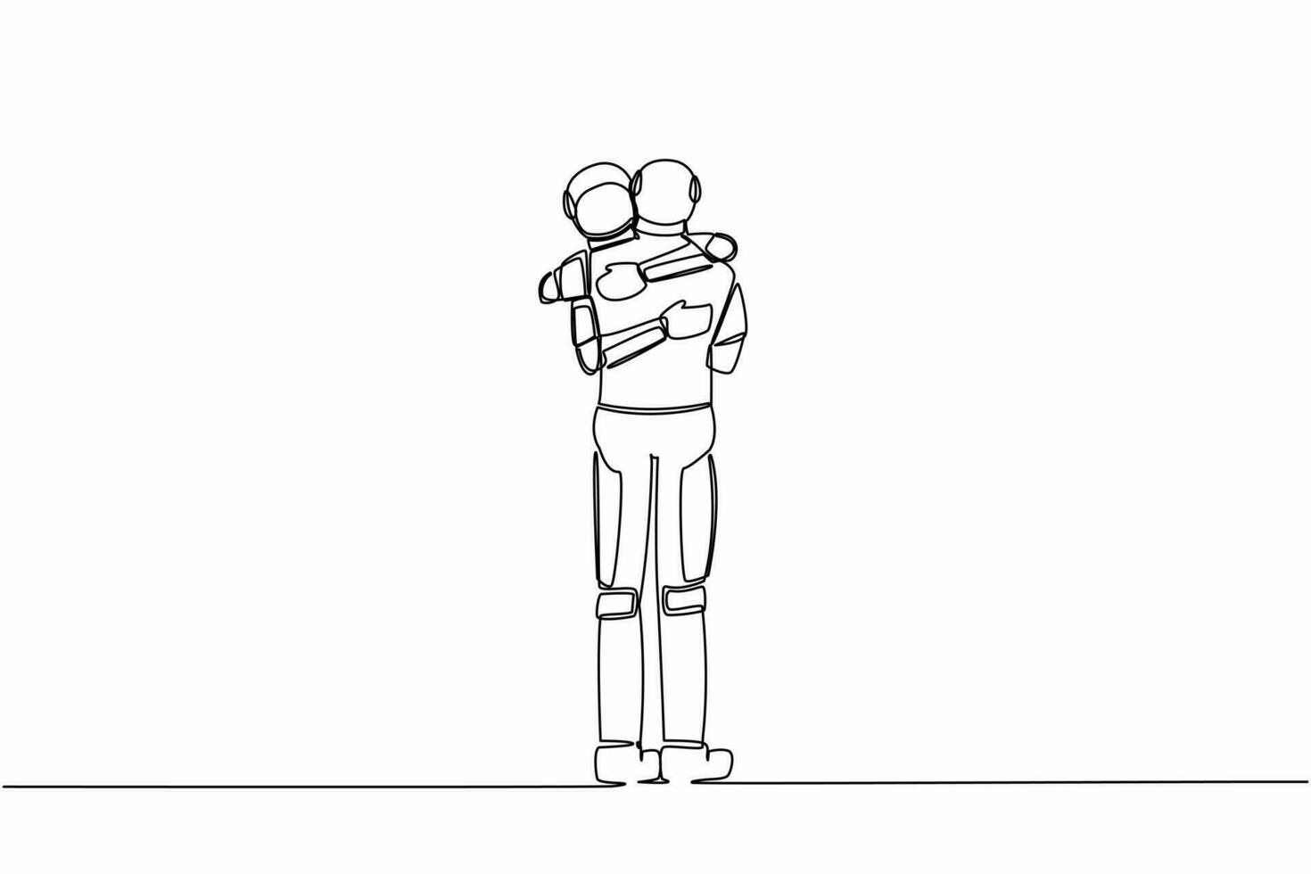 Continuous one line drawing two astronaut embracing each other closely feeling comfort. Father and son meeting after long parting. Cosmonaut outer space. Single line graphic design vector illustration