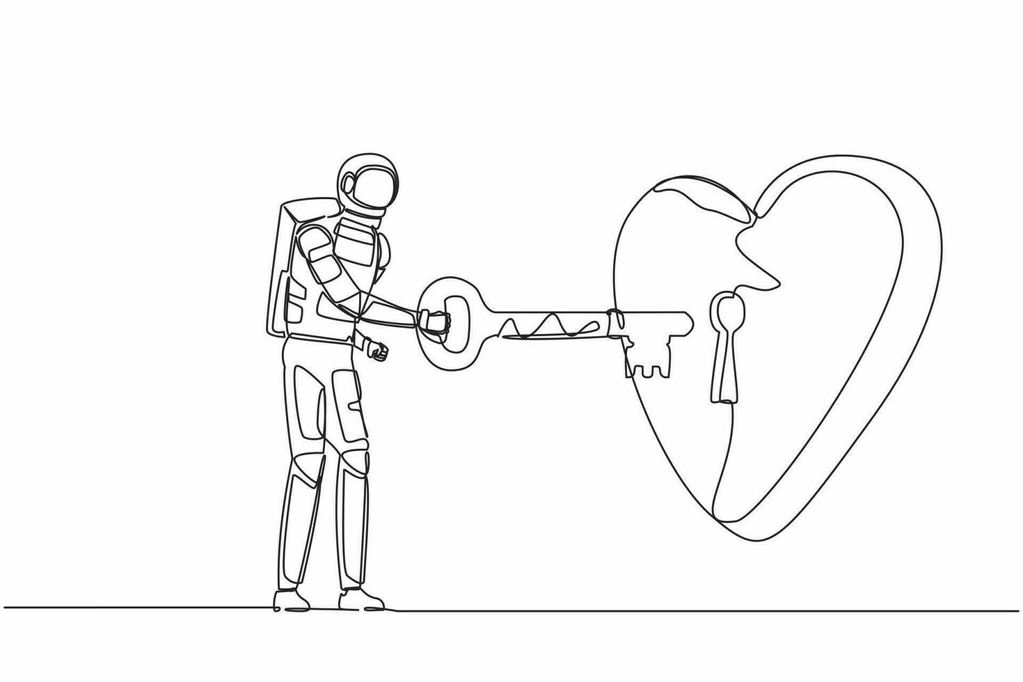 Single one line drawing young astronaut putting key into heart in moon surface. Spaceman love to galactic or planet exploration. Cosmic galaxy space. Continuous line graphic design vector illustration