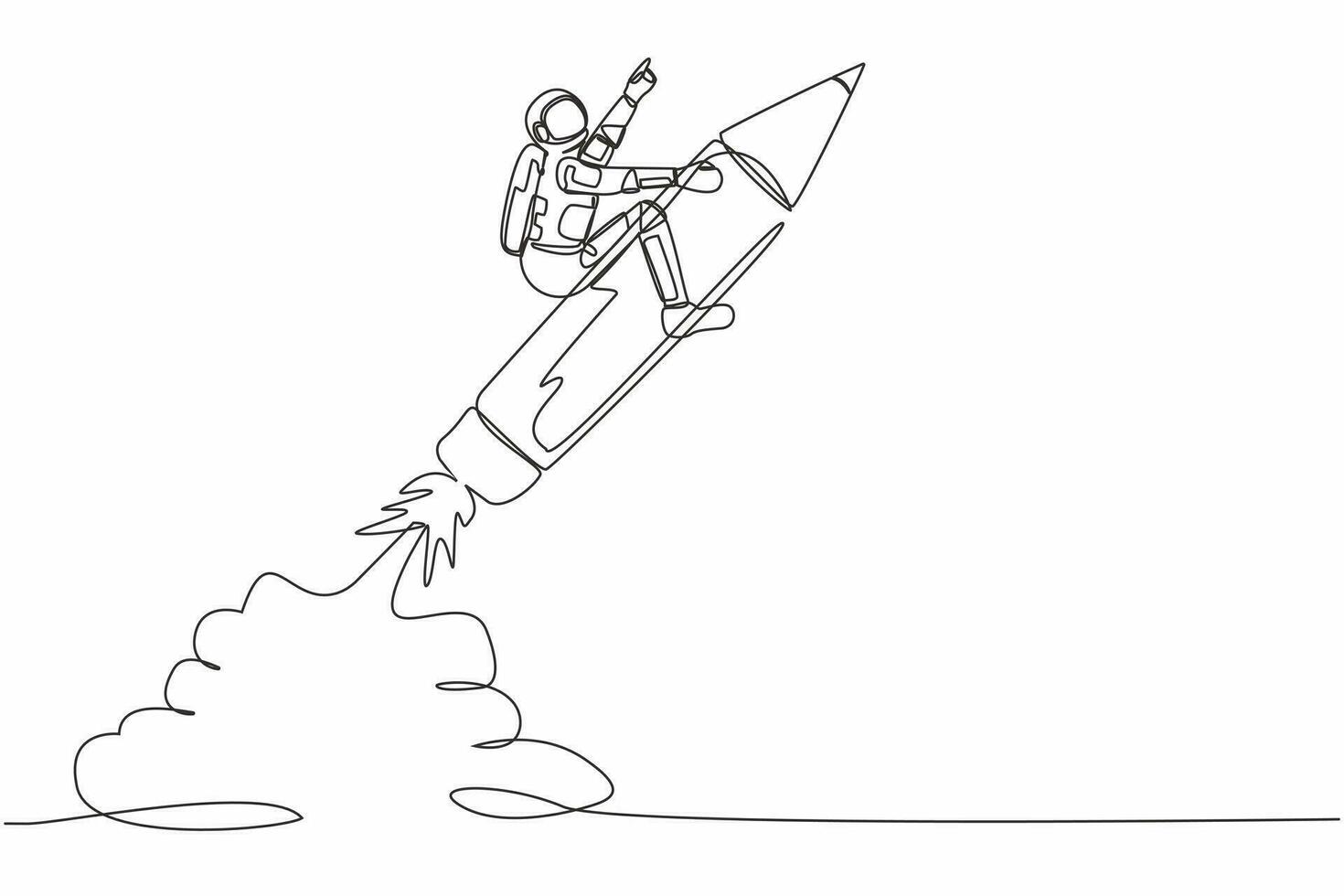 Single continuous line drawing young astronaut riding pencil rocket flying in moon surface. Education to realize spaceship technology. Cosmonaut deep space. One line graphic design vector illustration